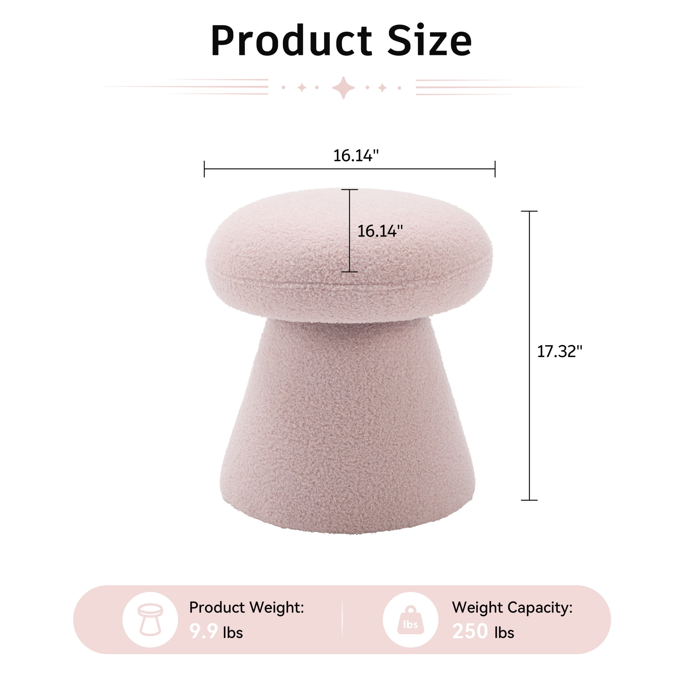 Noble House Arvion 360° Swivel Mushroom Ottoman, Round Teddy Vanity Footrest Dressing Chair for Living Rooms, Pink