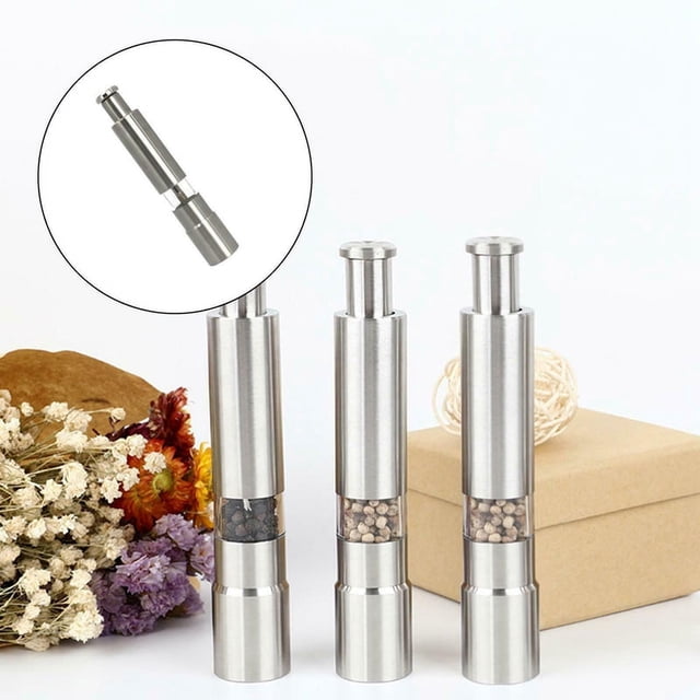 Molinillo de Sal y Pimienta BotóN Pulsador Plateado de Acero Inoxidable para Cocinar Molinillo de Pimienta PortáTil