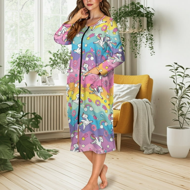 ForUDesigns For U Designs Unicorn Rainbow Pattern House Dresses For Women Comfortable Womens Embroidered Housecoat Lightweight Long Sleeve Night Gowns