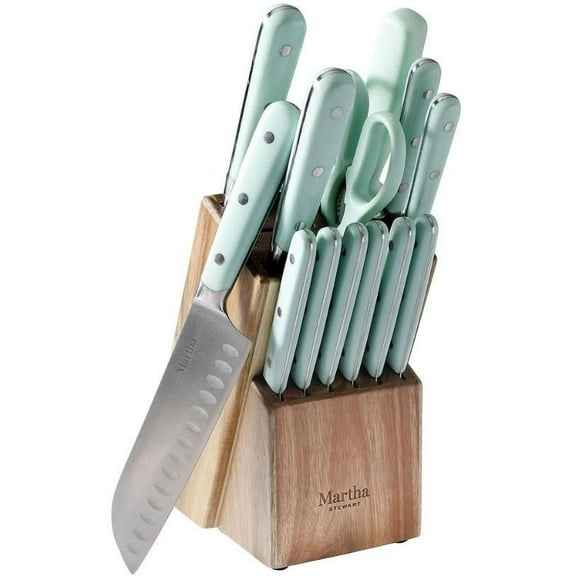 MARTHA STEWART 14-PIECE CUTLERY SET, Green with Wood Block