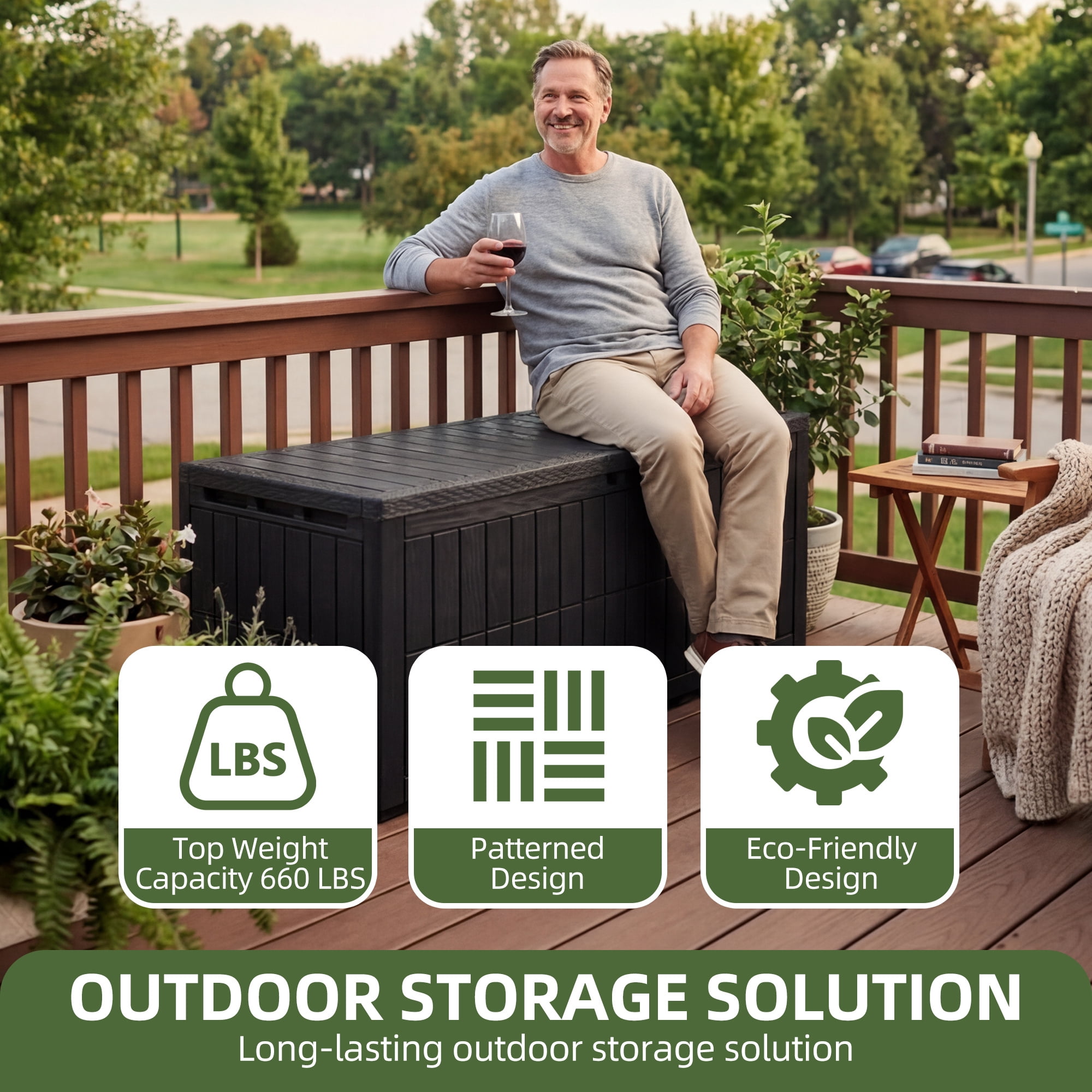 Uforic XXL 240 Gallon Outdoor Storage Deck Box, Waterproof Resin Patio Storage Container with Lockable Design, 3-Person Bench Seat for Garden Tools, Pool Supplies and Patio Cushions, Black