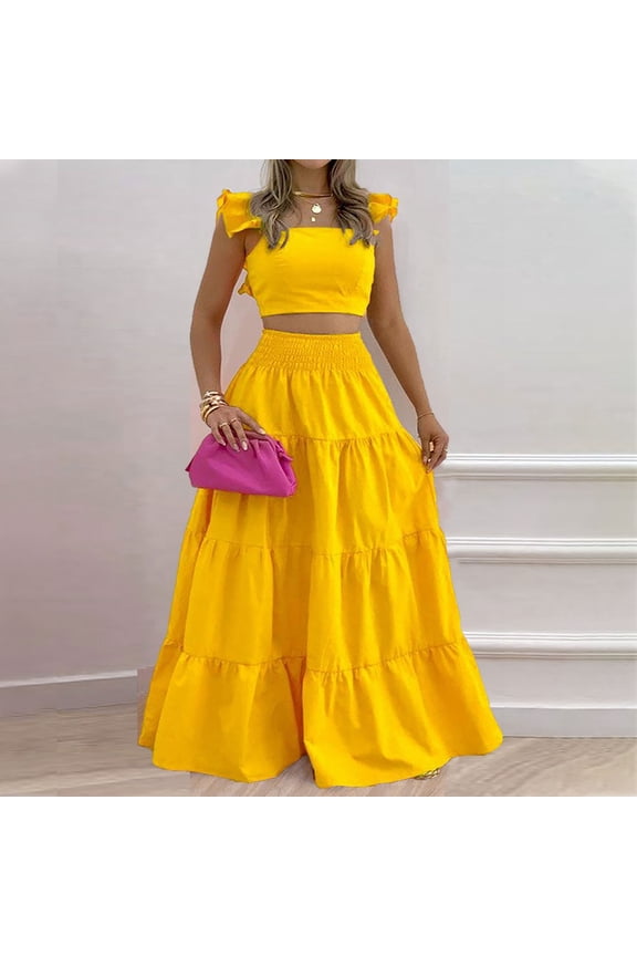 Women Summer 2 Piece Outfits Solid Color Casual Sleeveless Crop Tops High Waisted Long Skirt Sets for Beach Vacation Yellow XL