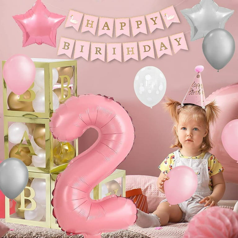 AOWEE 2 Year Old Girl Pink Birthday Decoration, Baby Girl 2nd Birthday  Balloons, 40 Number 2 Balloon, Pink Balloon Arch with Happy Birthday  Banner Tablecloth for Girl 2nd Baptism Baby Shower 