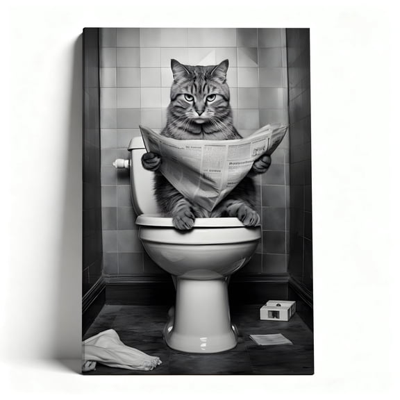 Cat On Toilet Reading Newspaper Canvas Wall Art, Humorous Black And White Bathroom Decor, Funny Pet Artwork For Bathroom, Laundry Room, Office, Ready To Hang 8*12inch(20*30cm)