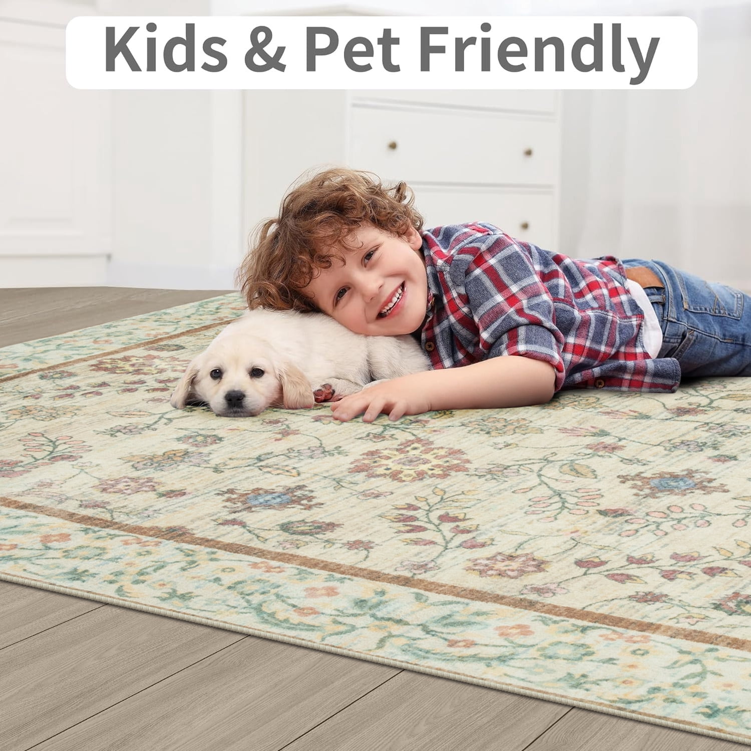 Ultrug Vintage Floral Rugs Soft Boho Area Rug Indoor Carpet for Living Room Bedroom Home Decor,5'x8',Light Yellow