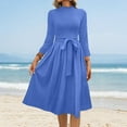 thumbnail image 2 of WTOBBY Women's Solid Color Belted Round Neck 3/4 Sleeve Dress, Minimalist Midi Sundress with Casual Elegance for Everyday Wear,Blue L, 2 of 5