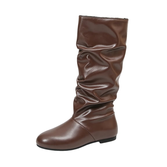 EKVAHL Women's Knee High Slouch Boots, Pull‑On Faux Leather Tall Dress Boots, Round Toe Flat Heel Party Casual Boots Brown