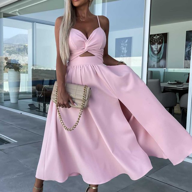 Vestido Largo Con Tirantes Vestido largo con tirantes para mujer Vestido de fiesta de cóctel con cuello en V recortado con abertura (Rosa S) Cgtredaw Para estrenar
