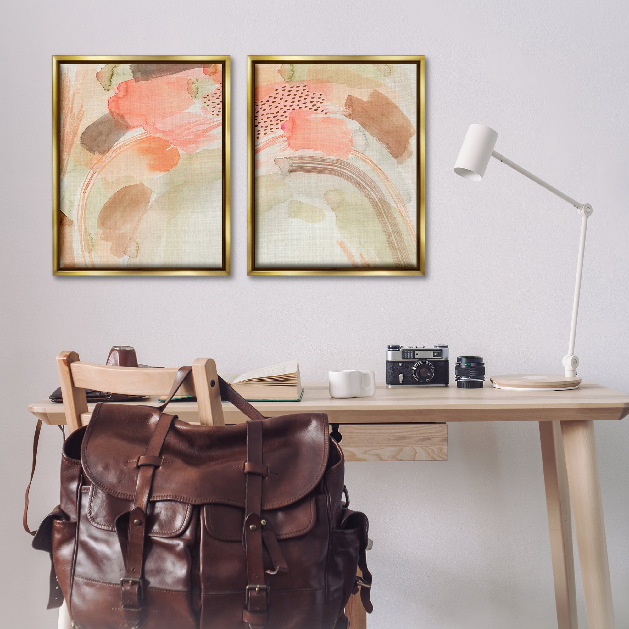 Stupell Industries Pink Peach Abstract Watercolor Abstract Painting Gold Floater Framed Canvas Art Print Wall Art, 31 x 25, Set of 2