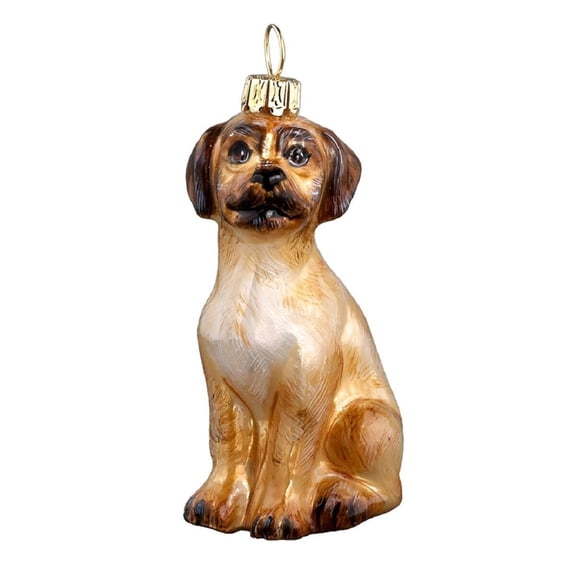Brown Puggle Sitting Dog Polish Blown Glass Christmas Ornament