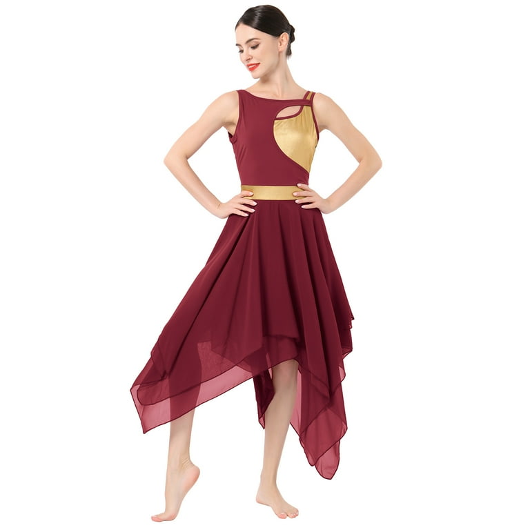 Ibtom Castle Women's Lyrical Dance Costume Shiny Metallic Lyrical Dress Asymmetric Flowy Chiffon Skirt Contemporary Dance Clothes XL Wine Red