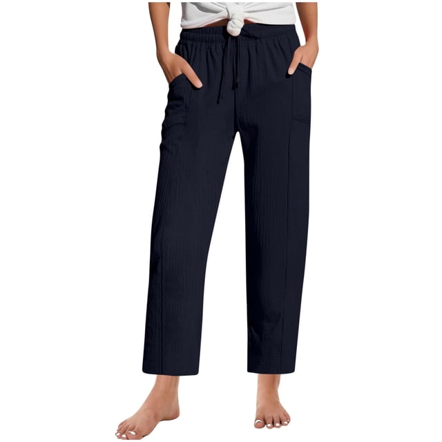 Plebaso Women's Pants High Waist Drawstring Loose Casual Pants Solid Color Lounge Trousers with Pockets