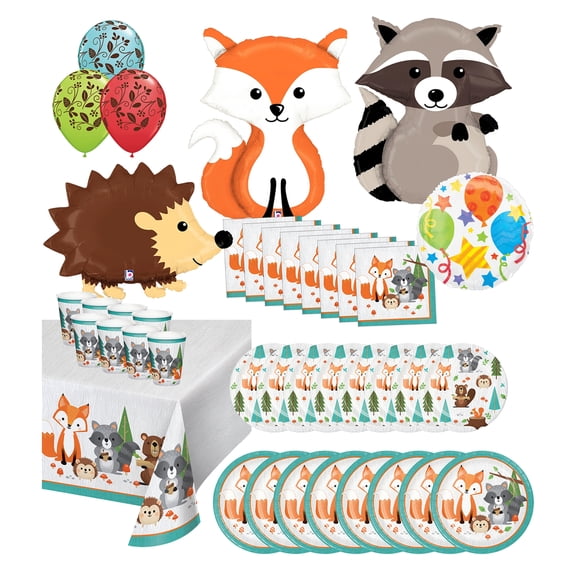 Mayflower Products Woodland Creatures Birthday Party Supplies 8 Guest Dining Decoration Kit and 3 Critters Balloon Bouquet (Fox, Hedgehog, Raccoon)