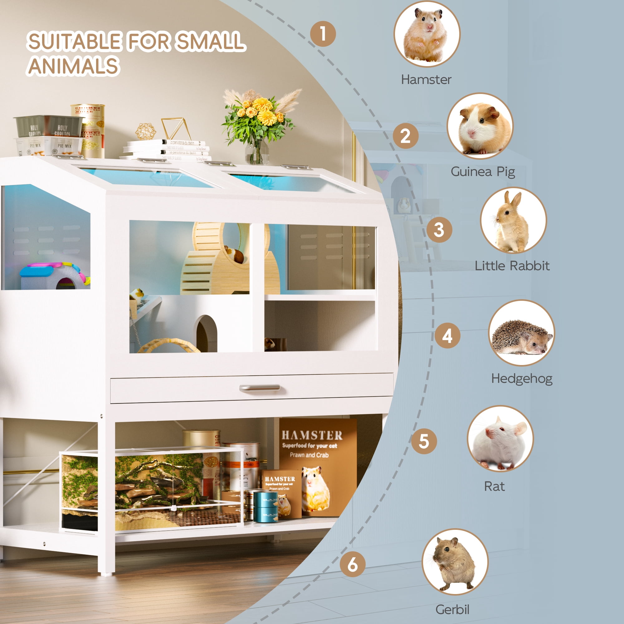 Joywind Large Hamster Cage with Storage Cabinet - Easy-Clean Small Animal Habitat with Acrylic View Panels & Pull-Out Drawer for Guinea Pigs, Rabbits, Hedgehogs