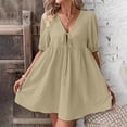 thumbnail image 1 of Robe en Lin pour Femme, Robe Décontractée à Col en V et Manches Courtes, Robe d'Été Longueur Genou pour les Vacances, 1 of 6