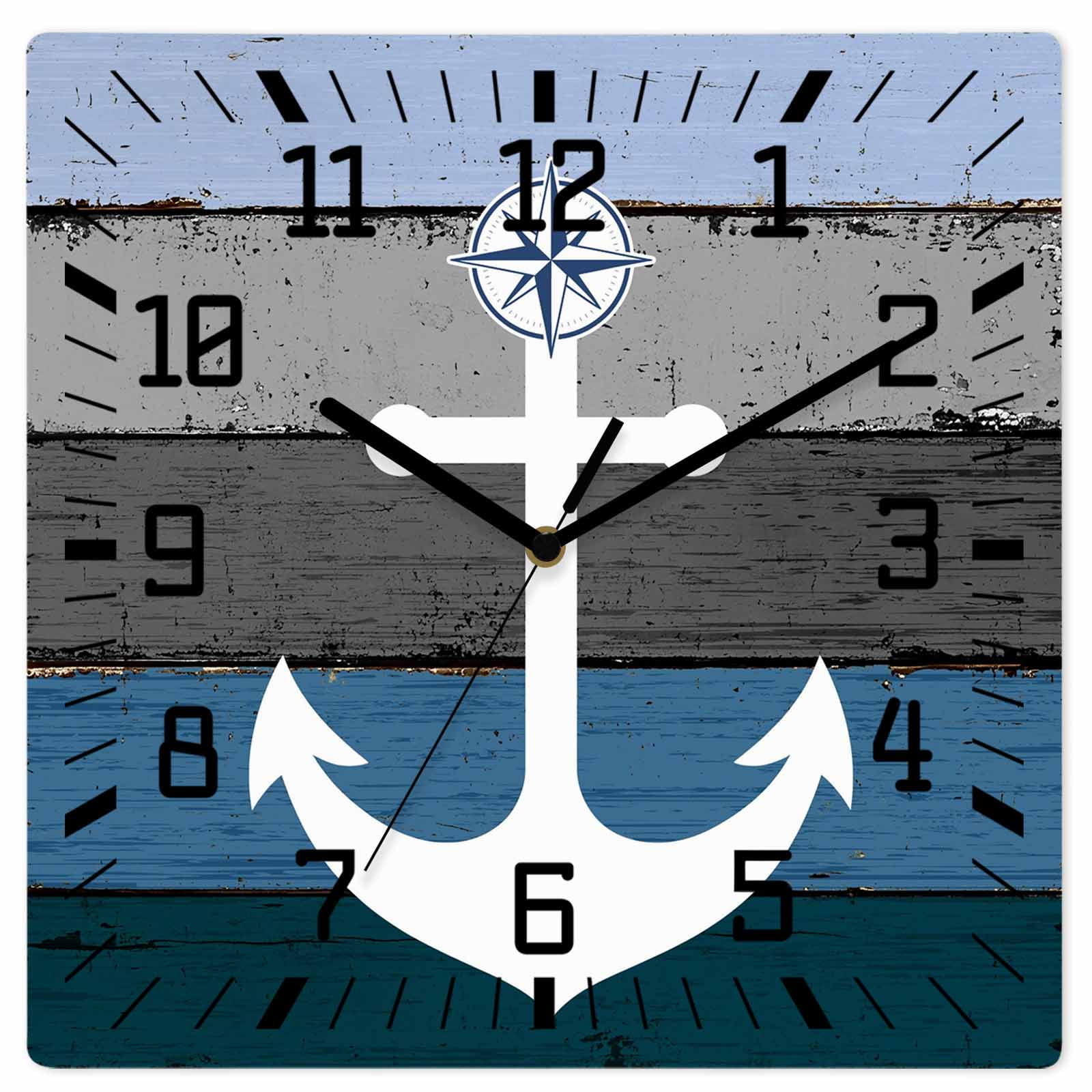 Blue Nautical Anchor Wooden Wall Clock Silent Non Ticking, Rustic Distressed Wood Grain Square Wall