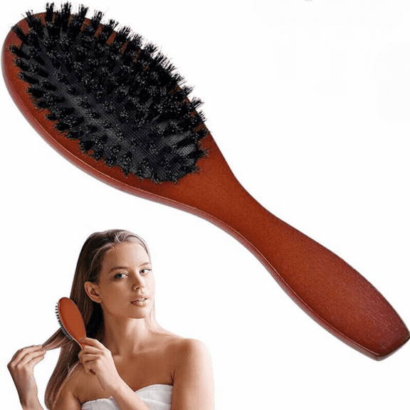 Natural Boar Bristle Hair Brush Paddle Anti-static Scalp Massage Dual Detangling