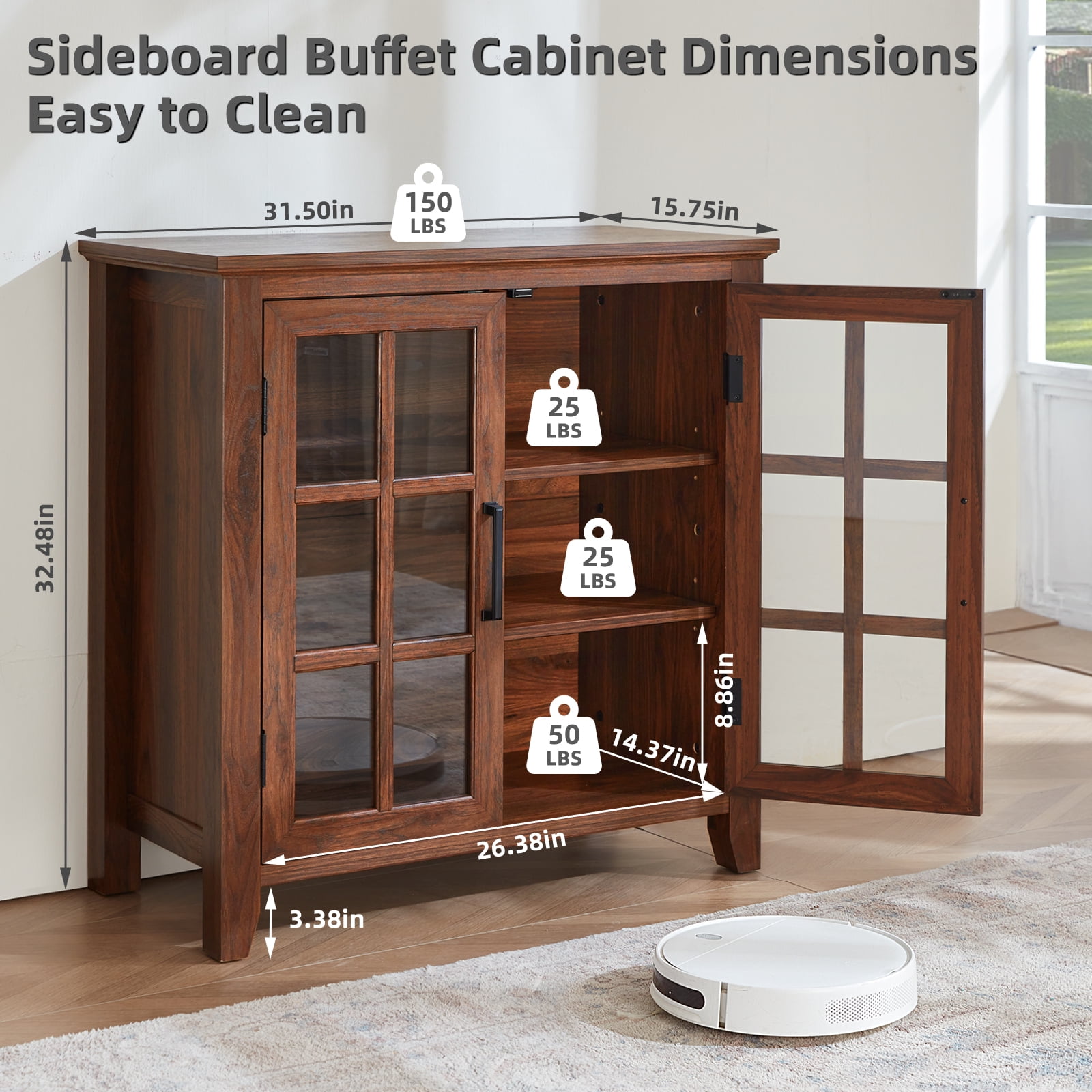 31.5" Rustic Buffet Cabinet with 2 Glass Doors, Compact Sideboard Kitchen Storage Cabinets Coffee Bar Cabinet for Living Room, Brown