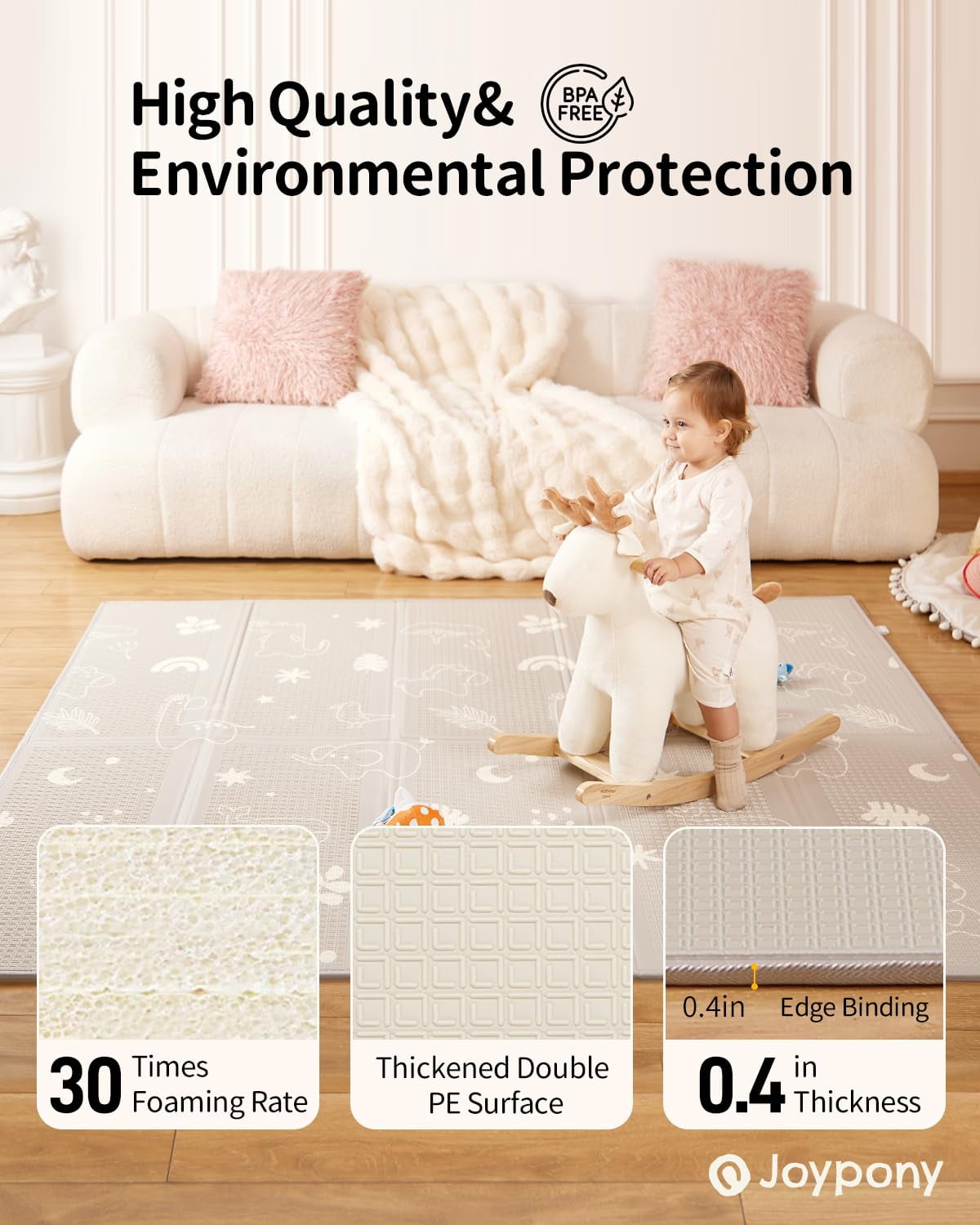Joypony Baby Play Mat, 47x47 Inch Waterproof Reversible Foam Crawling Mat – Soft, Non-Toxic, Easy-to-Clean, Perfect for Infants and Toddlers