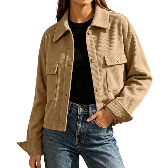 Mooqilaa Womens Trucker Jackets, Button Front Collared Fashion Corduroy Outerwear for Women Khaki Size S-2XL