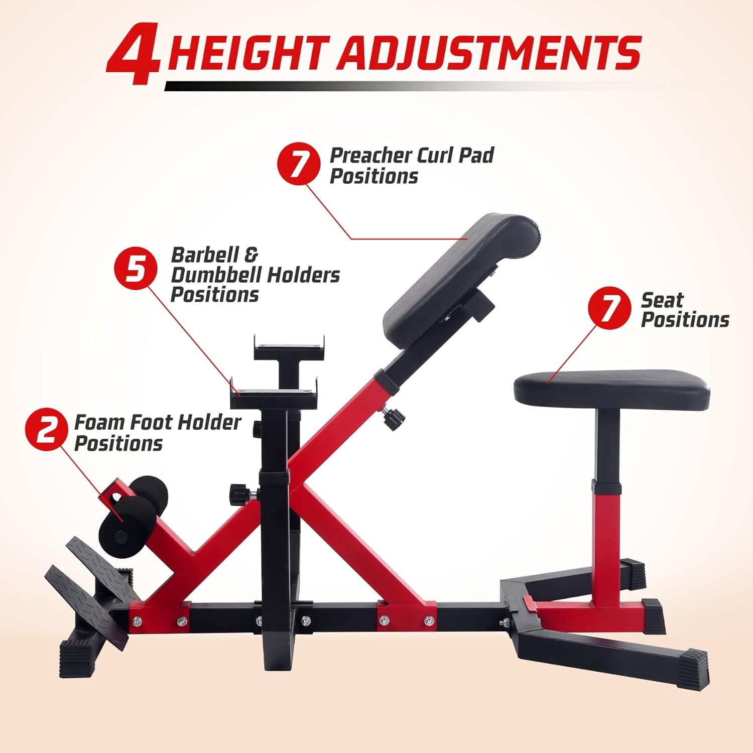 Hetoy 2 in 1 Roman Chair and Missionary Curling Bench Multi-functional heavy-duty, extra-extended bench with adjustable height for arm, abs, back, hip, and leg stretching exercise equipment,Red