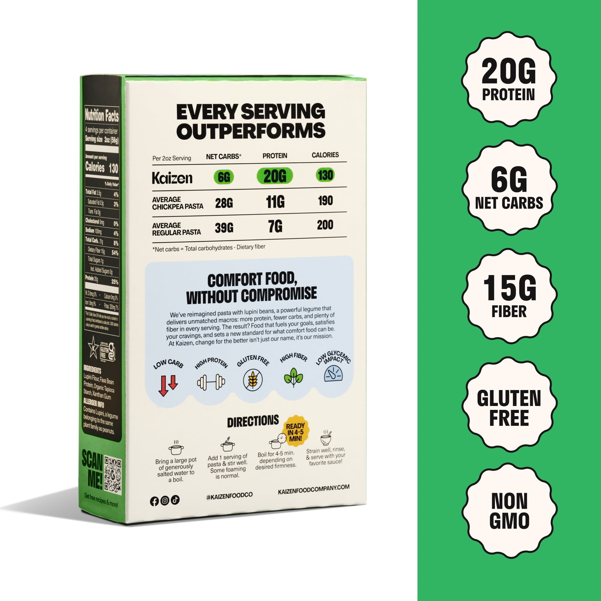 Kaizen Low Carb Keto Pasta Radiatori - High Protein (20g), Gluten-Free, Keto-Friendly (6g Net), Plant-Based Lupini Noodles made w/High Fiber Lupin Flour - 8 ounces (Pack of 3)