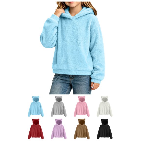 FAIOROI Kids Fleece Hoodie with Cute Bear Ears, Girls Boys Soft Warm Pullover Sweatshirt, Long Sleeve Hooded Top for Fall Winter Sky Blue 7-8T