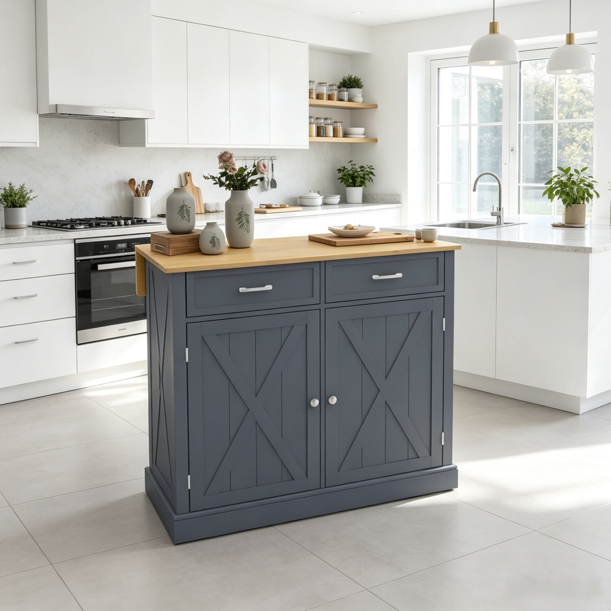 Farmhouse Kitchen Cart, Rolling Island with Drop Leaf Wood Breakfast Bar, 2 Drawers & Adjustable Shelves, Dark Gray