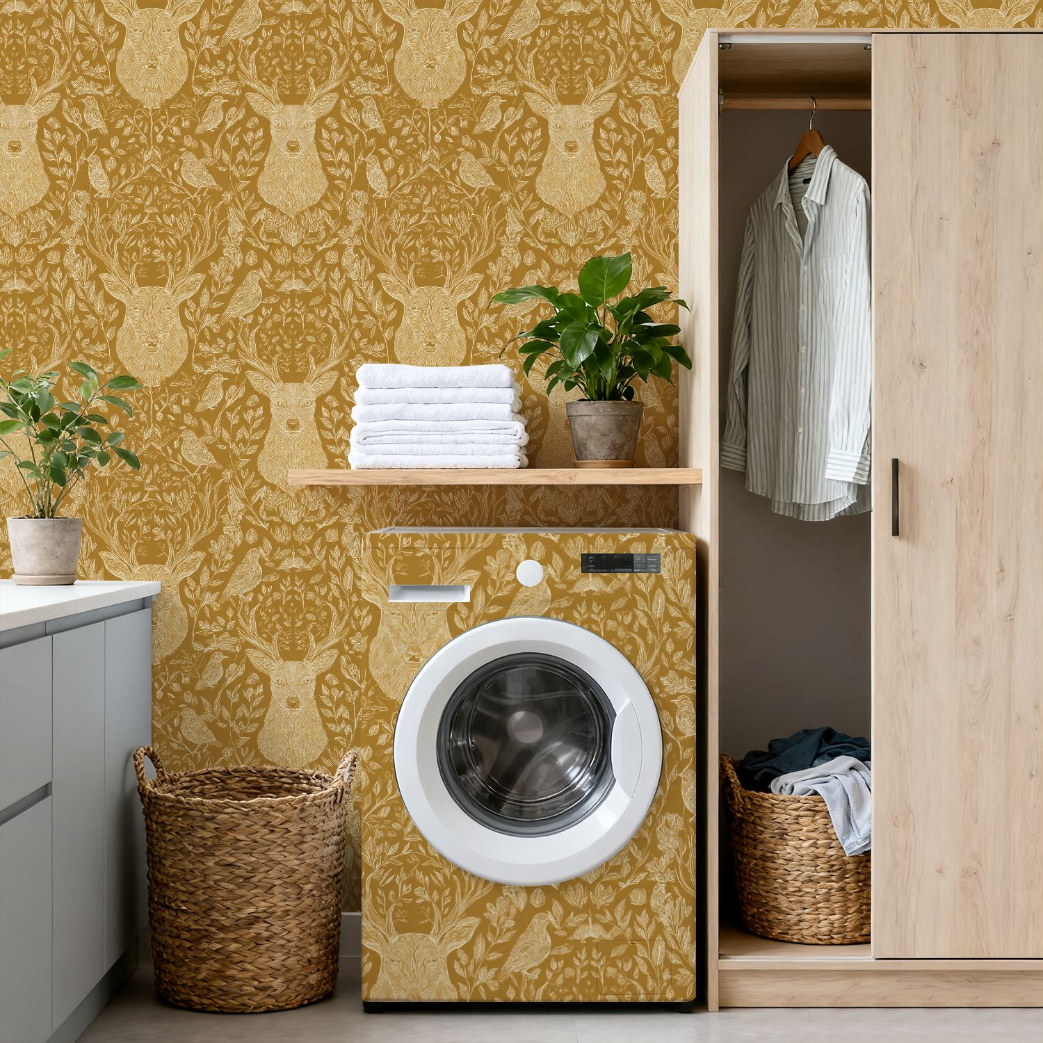 Hunt Peel and Stick Wallpaper 17.7in x 9.8ft Whimsical Floral Fauna Deer Birds Mustard Contact Paper Vinyl Waterproof Self Adhesive Wall Paper for Bedroom Shelf Cabinet Renter Friendly