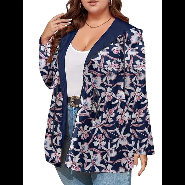 Chaqueta Ligera Reversible con Capucha y Cremallera de Larga para Mujer, Cortavientos Informal, Impermeable. Azul Marino XL