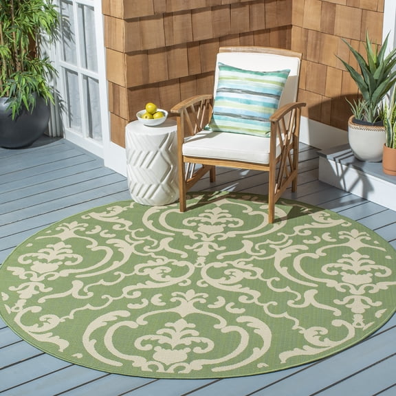 Safavieh Courtyard Dara Damask Indoor/Outdoor Area Rug, Olive/Natural, 5'3" x 5'3" Round