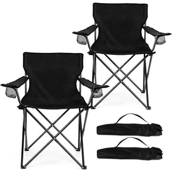 Foldable Camping Chair Set of 2, Folding Camp Chairs for Adults, Large Portable Lawn Chair for Outdoors Fishing, Hiking, Travel, Picnic, Beach, Supports 275lbs & Include Storage Bags (Black)