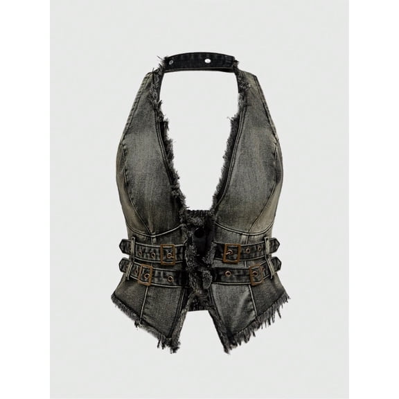 Plus Size Sexy Halter Backless Asymmetrical Crop Denim Tank Top with Grommet Eyelet Details