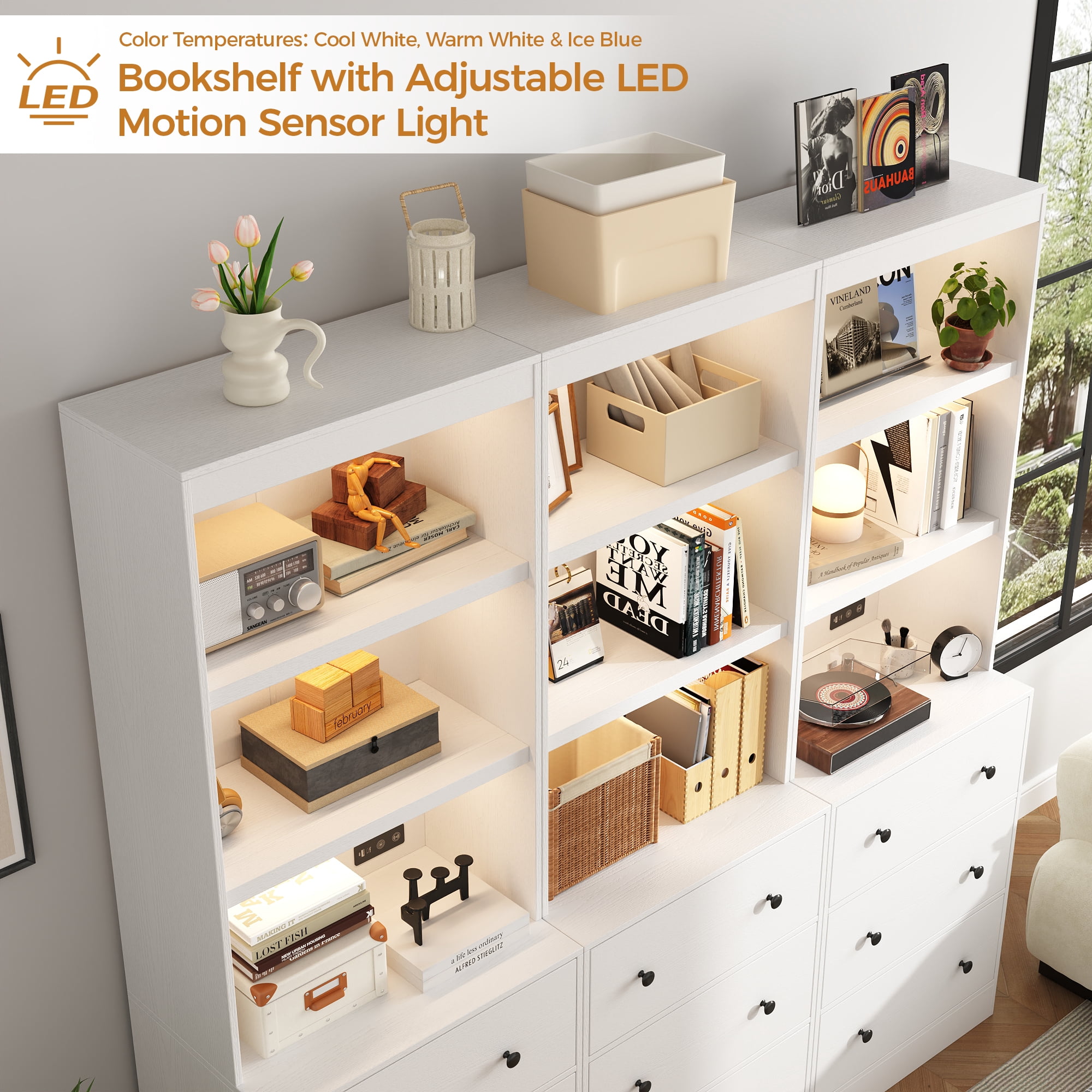 IDEALSOUL 71” Tall Bookshelf with Drawers, White Wooden Bookcase with Charging Station & LED Lights, Freestanding Display Cabinet with Shelves & Large Storage Space for Living Room, Office, Bedroom