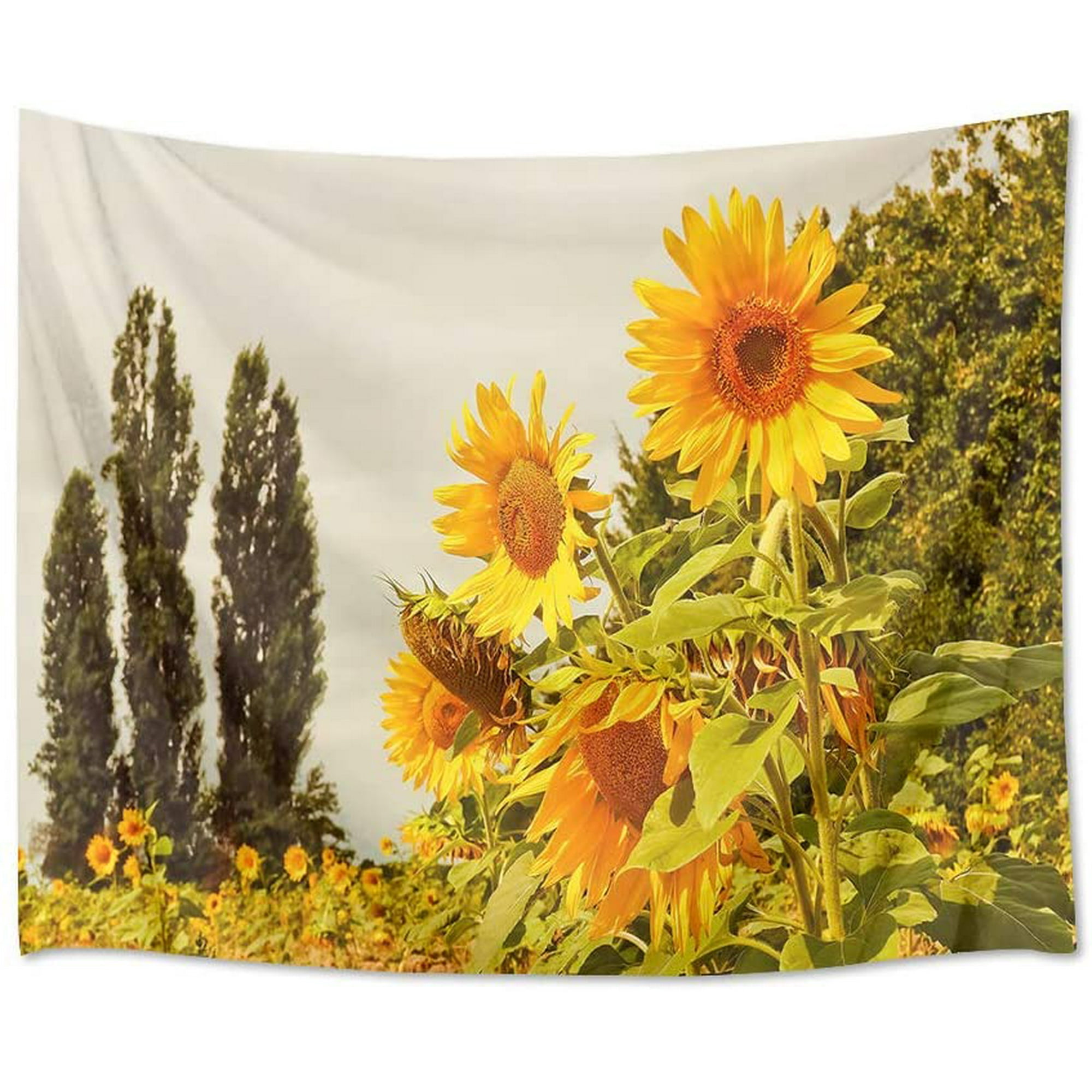 Yellow Sunflower Tapestry Green Tree Blue Sky Orange Sunlight Tapestry Beauty Botanical Spring Nature Tapestries for Bedroom Living Room Dorm Party