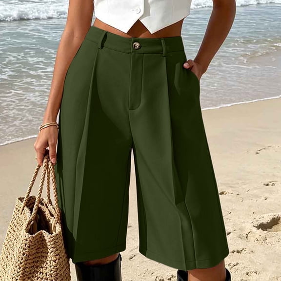 TaTaai Womens High Waist Pleated Bermuda Shorts with Pockets Wide Leg Tailored Work Suit Bottoms for Daily Office
