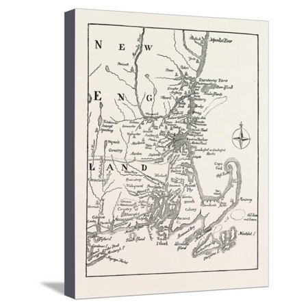 Map Of New England At The Beginning Of The Eighteenth Century From Mathers Magnalia Usa 1870s Stretched Canvas Print Wall Art