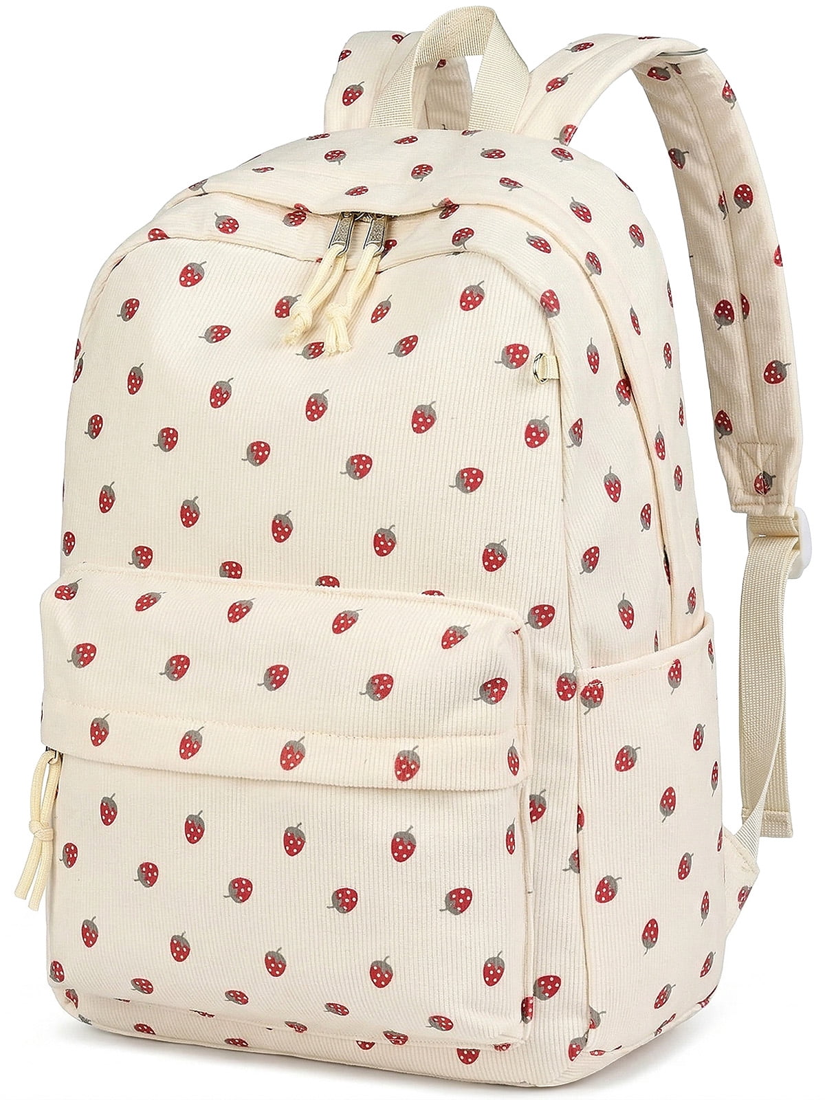 Mochila escolar para niños y adolescentes, linda, para niñas, para secundaria y preparatoria, gran capacidad, ligera, para universidad, beige con fresas 8