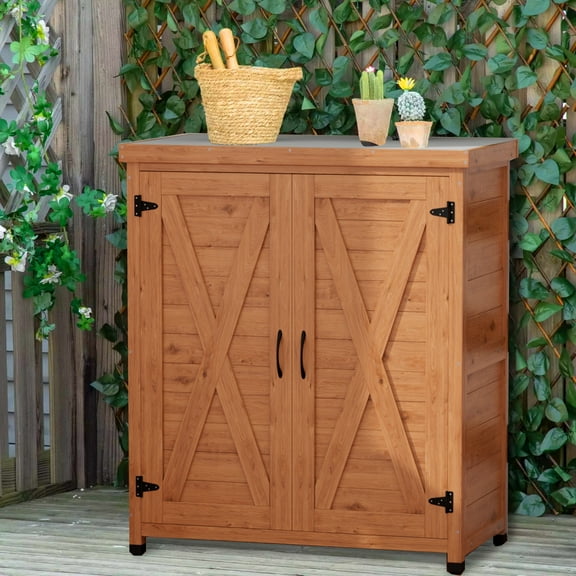 Glavbiku Outdoor Potting Bench with Storage Cabinet,Work Station Table with Metal Table Top,Brown