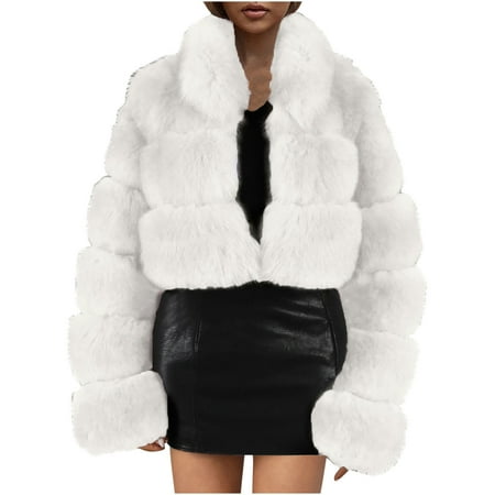 

Women s Luxury Winter Cropped Bubble Coats Plus Size Faux Fur Open Front Parka Jacket Fuzzy Fleece Warm Outerwear