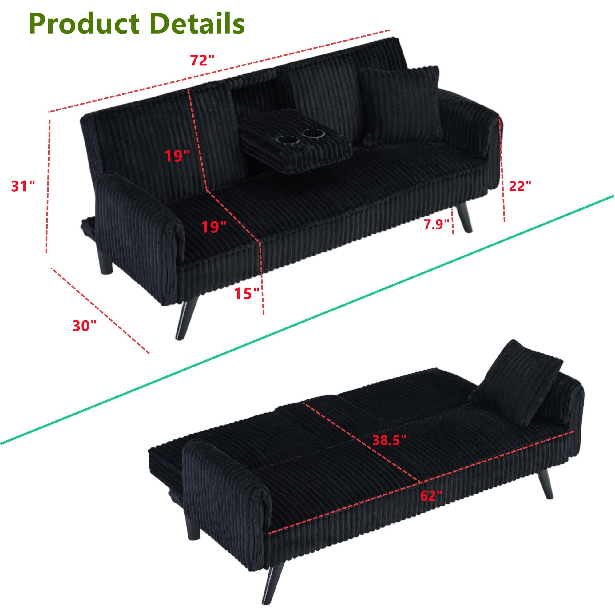 Aukfa Corduroy Futon Convertible Sofa Bed, 2 Cup Holders& Pillow, Straight-line Tufted, Black