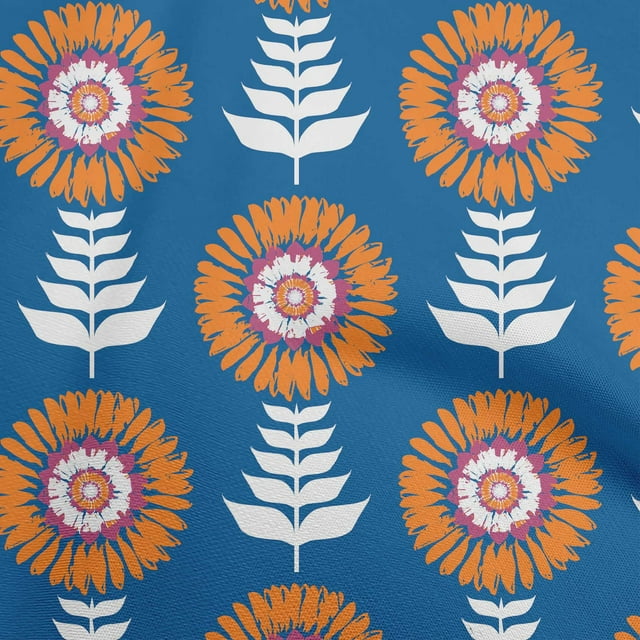oneOone Cotton Flex Blue Fabric Asian Block Floral Craft Projects Decor Fabric Printed By The Yard 40 Inch Wide