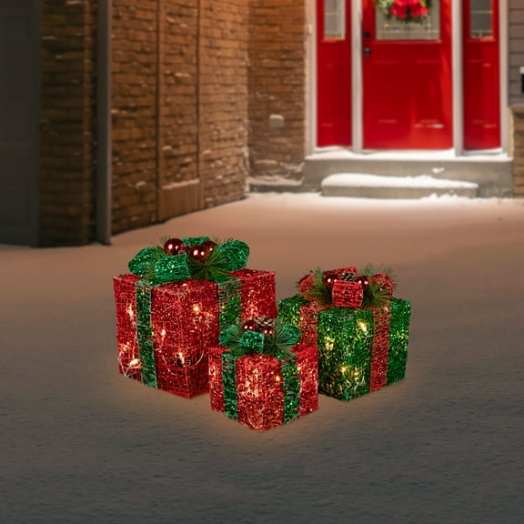 Northlight LED Lighted Glitter Threaded Gift Boxes Outdoor Christmas Decoration - Set of 3