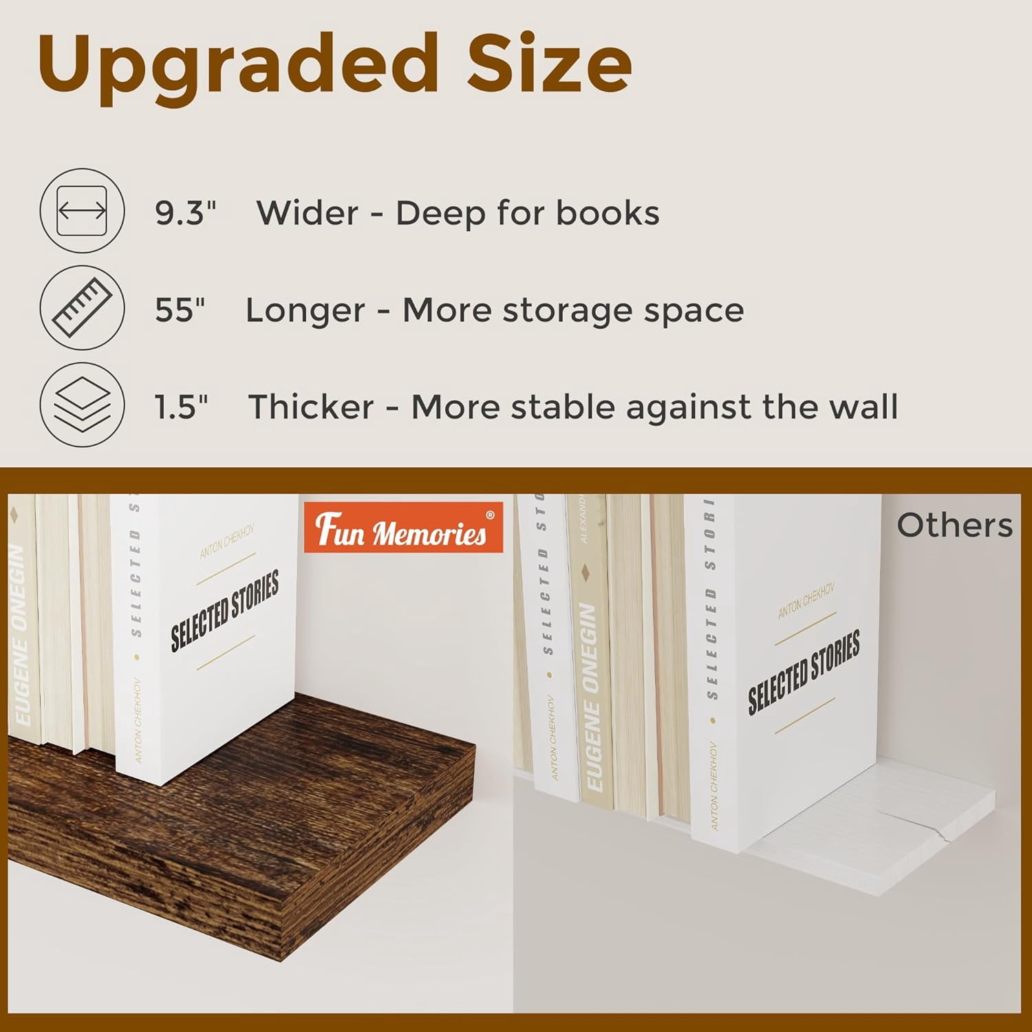 55 Inch Brown Floating Shelves, 9.3 Inch Deep Wall Mounted Floating Shelf, 55 x 9.3 Large Storage Wall Shelf for Living Room, Floating TV Stand, Farmhouse Rustic 55" Long Fireplace Mantel