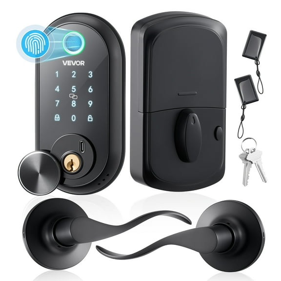 VEVOR Fingerprint Door Lock Set, Electronic Biometric Deadbolt Keyless Entry Door Lock with Handle, Touchscreen, Auto Locking, One-Time Code, Anti-Peeking Password, IC Cards, for Home, Matte Black