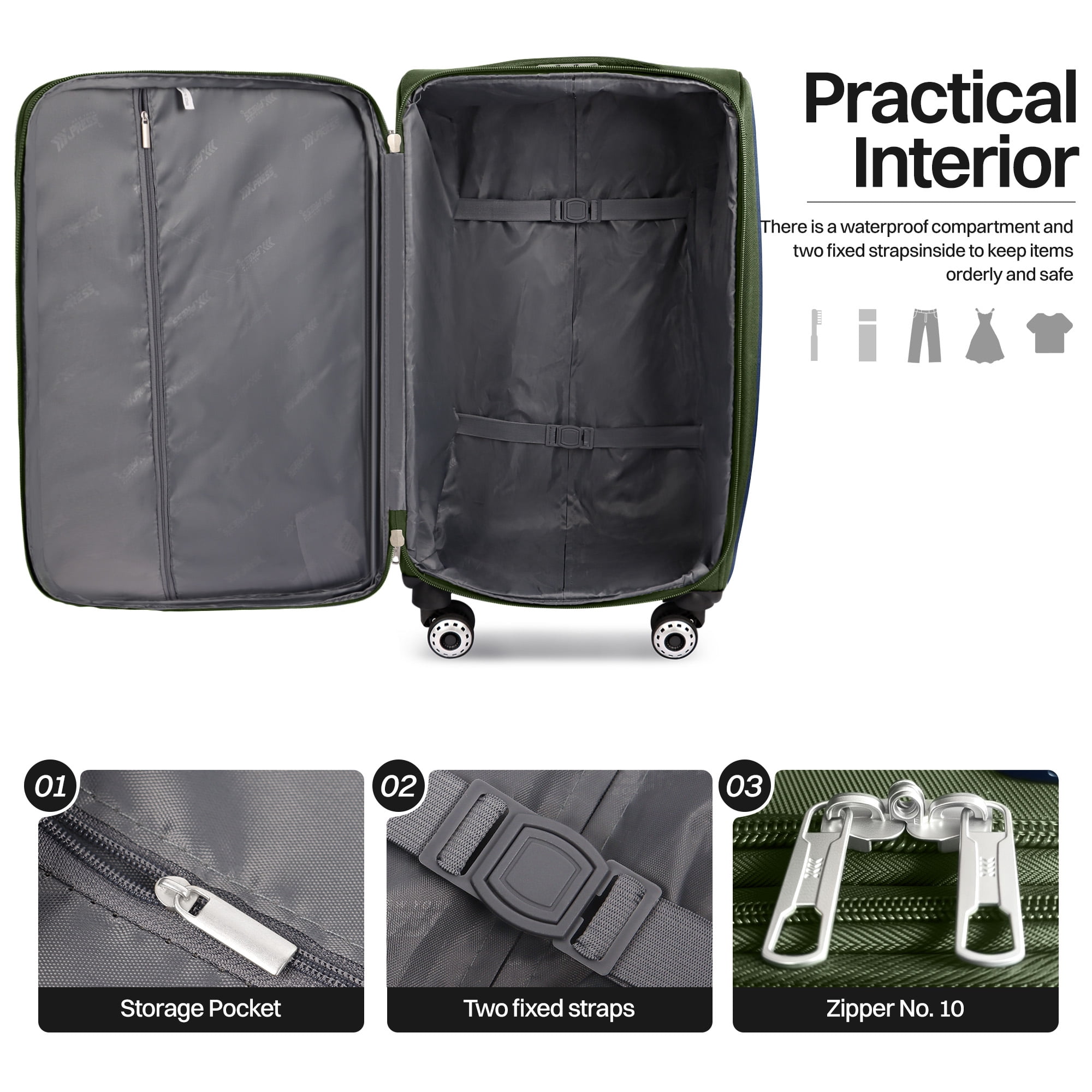 New York Xpress 2-Piece Softside Luggage Set Lightweight Expandable Spinner Suitcase, 20" Carry-on & 28" Checked, Green/Grey, WD8815
