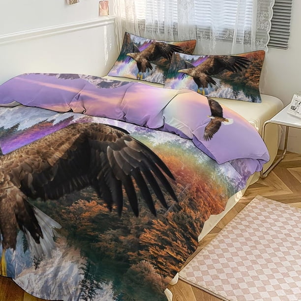 Águila salvaje Funda nórdica Queen Size Set,Rústico American Bald Eagle Rainbow