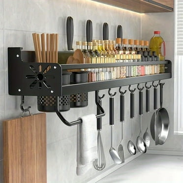 1pc Hanging Spice Rack Wall Mount, Hanging Pot Rack, Space-Saving Kitchen Utensil Rack with Hooks, Kitchen Storage Shelf for Utensils Spatula Spoon, Seasoning Jar Organize