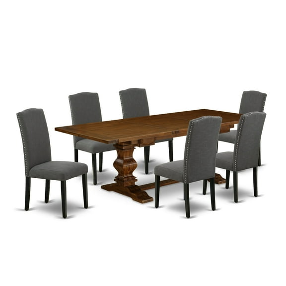 East West Furniture 7-pc dining table set with Chair’s Legs and Dark Gotham Gray Linen Fabric