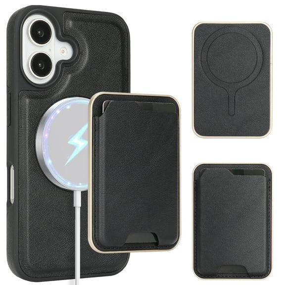 Compatible with Magsafe 2 in 1 Detachable iPhone 16 Wallet Credit Slots Case,Women Men Magnetic PU Leather RFID Blocking Flip Kickstand Phone Case For iPhone 16,Black